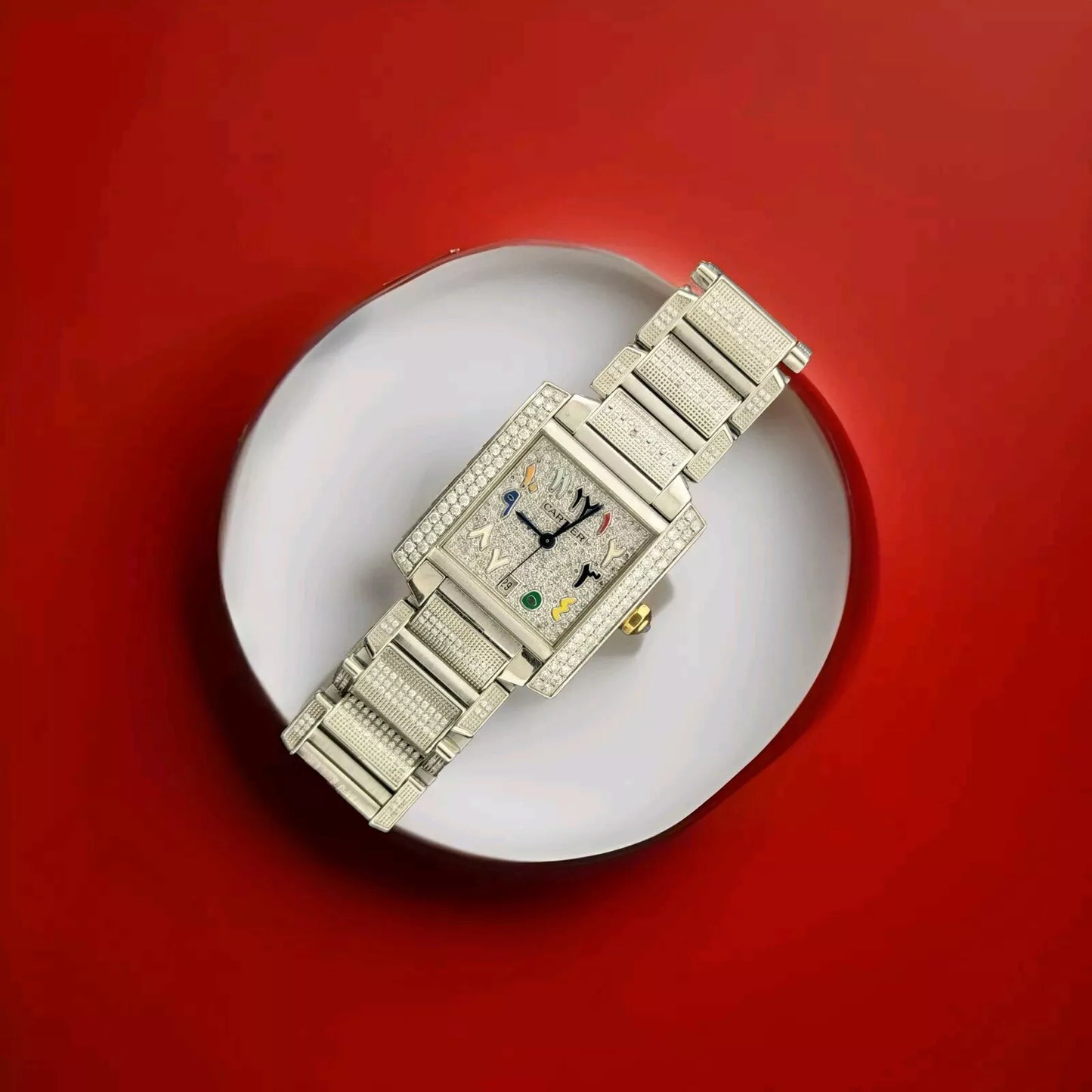 Cartier Tank 2302 Pave Arabic Rainbow Diamond Dial SS Diamond bracelet 28x32mm