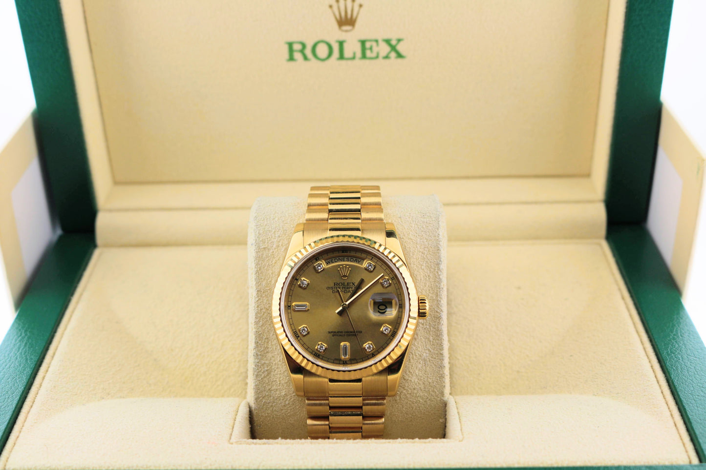 2000 Rolex Day-Date 118238 Champagne Diamond Dial 18kt President No Papers 36mm