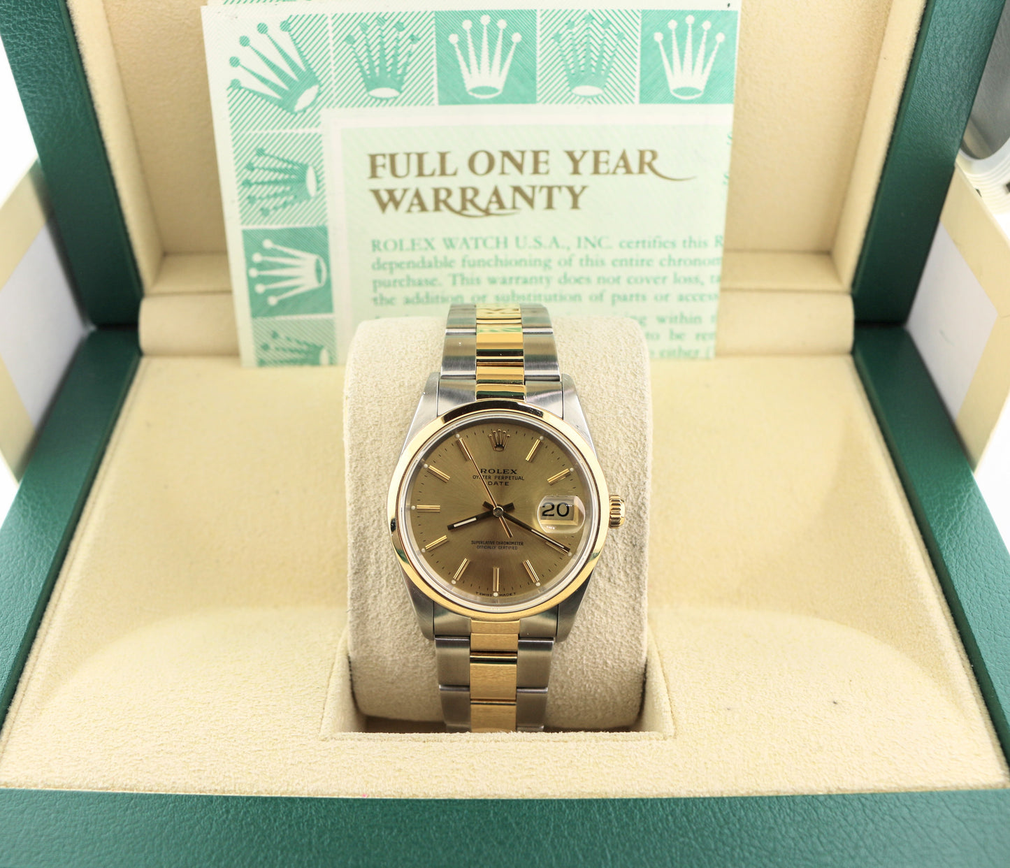 Rolex Date 15203 Champagne Dial Smooth Bezel TT 18k Oyster With Open Papers 34mm