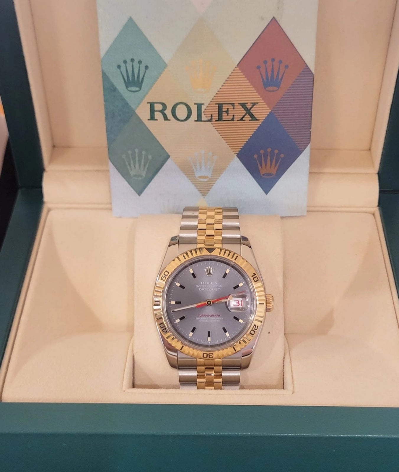 2004 Rolex Datejust Turnograph 116263 Grey Stick Dial TT Jubilee With Paper 36mm