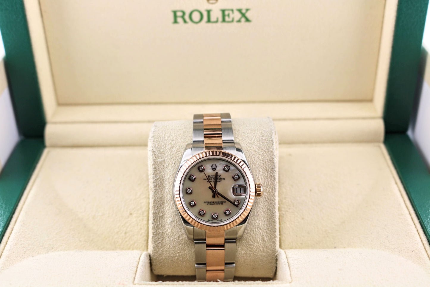 2009 Rolex Midsize Datejust 178271 White MOP Diamond Dial RG Oyster 31mm