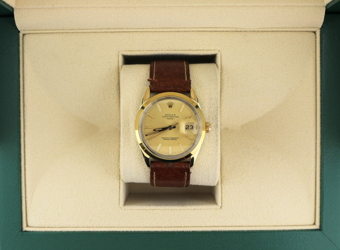 1984 Rolex Date 15505 Champagne Stick Gold Shell Brown Leather Strap 34mm