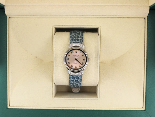 2001 Rolex Ladies Cellini 6672 Pink Roman Dial Blue Leather Strap Diam Lugs 18kt