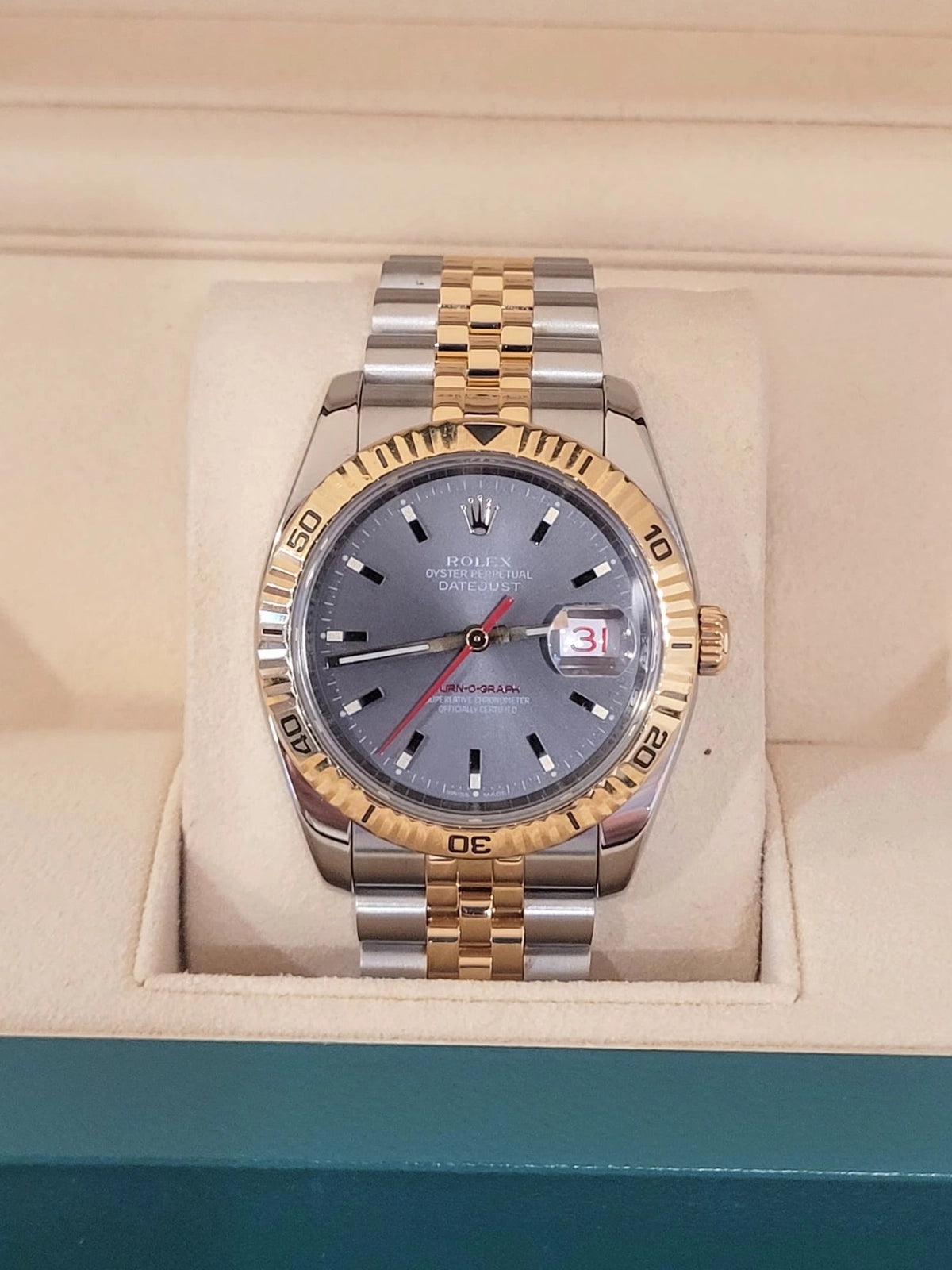 2004 Rolex Datejust Turnograph 116263 Grey Stick Dial TT Jubilee With Paper 36mm