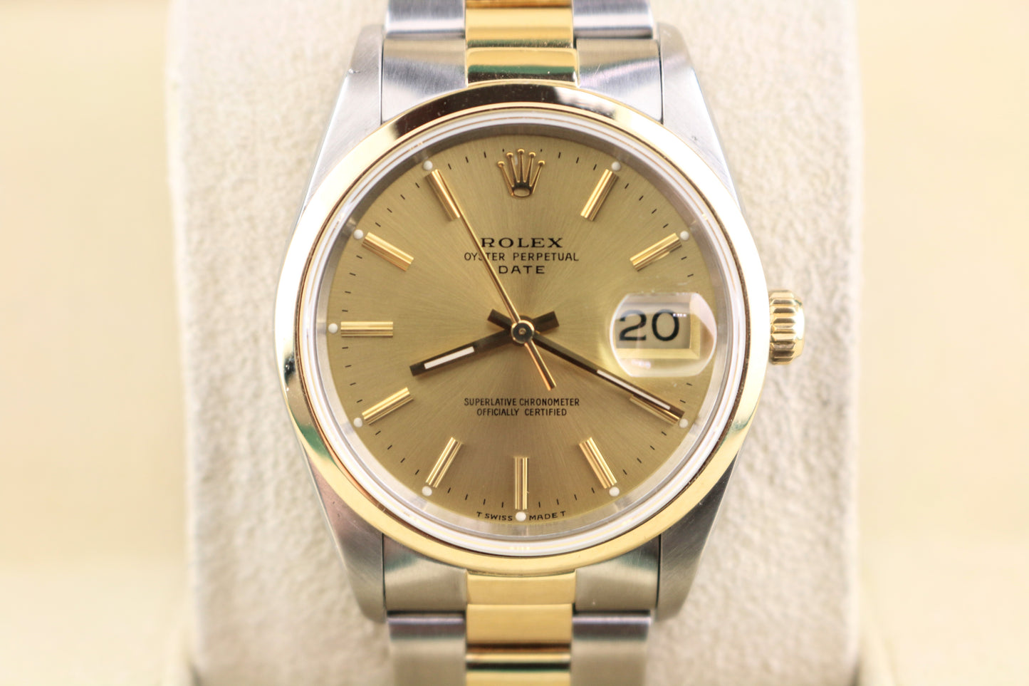 Rolex Date 15203 Champagne Dial Smooth Bezel TT 18k Oyster With Open Papers 34mm