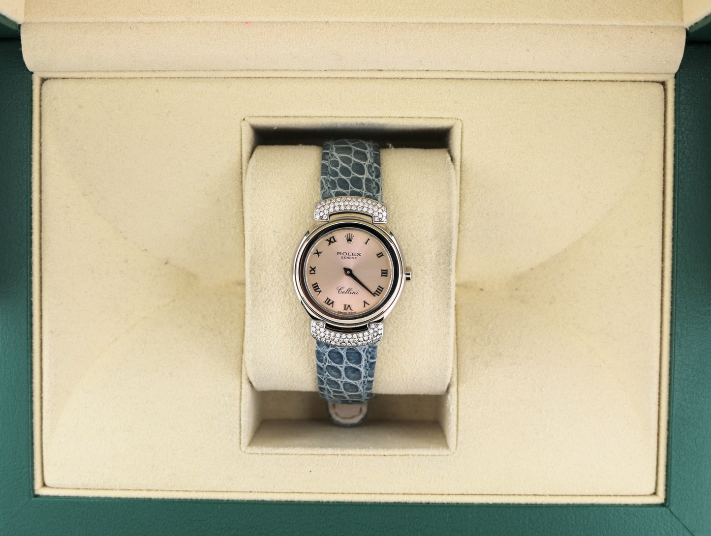 2001 Rolex Ladies Cellini 6672 Pink Roman Dial Blue Leather Strap Diam Lugs 18kt