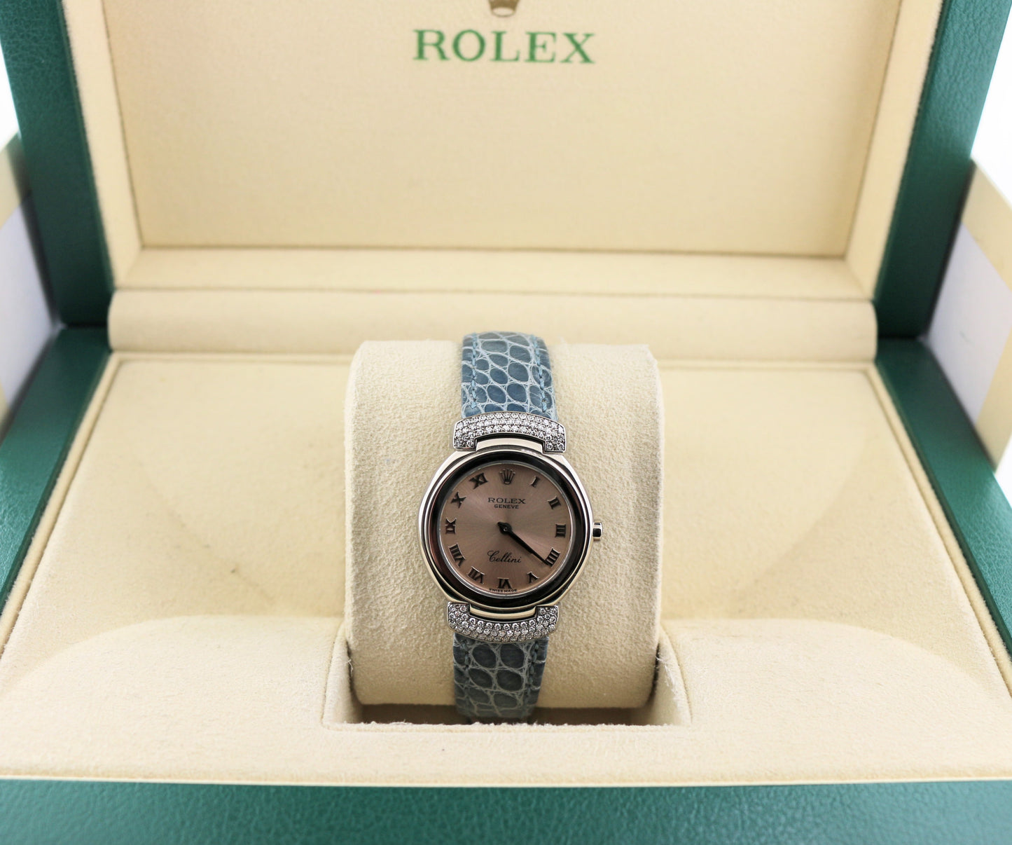 2001 Rolex Ladies Cellini 6672 Pink Roman Dial Blue Leather Strap Diam Lugs 18kt