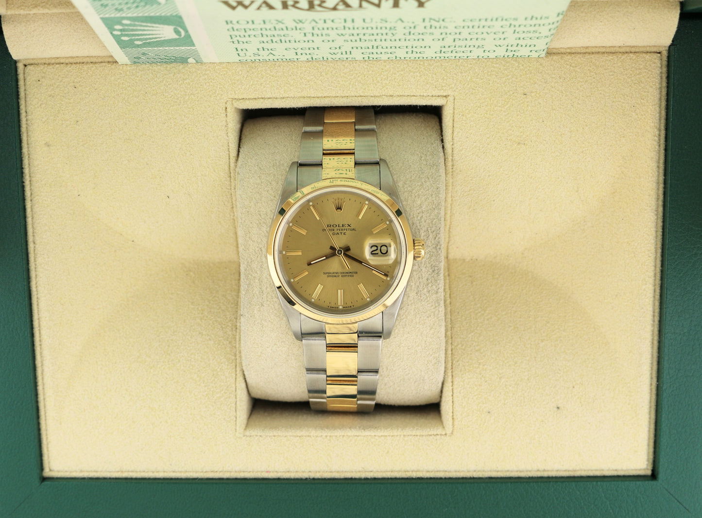 Rolex Date 15203 Champagne Dial Smooth Bezel TT 18k Oyster With Open Papers 34mm