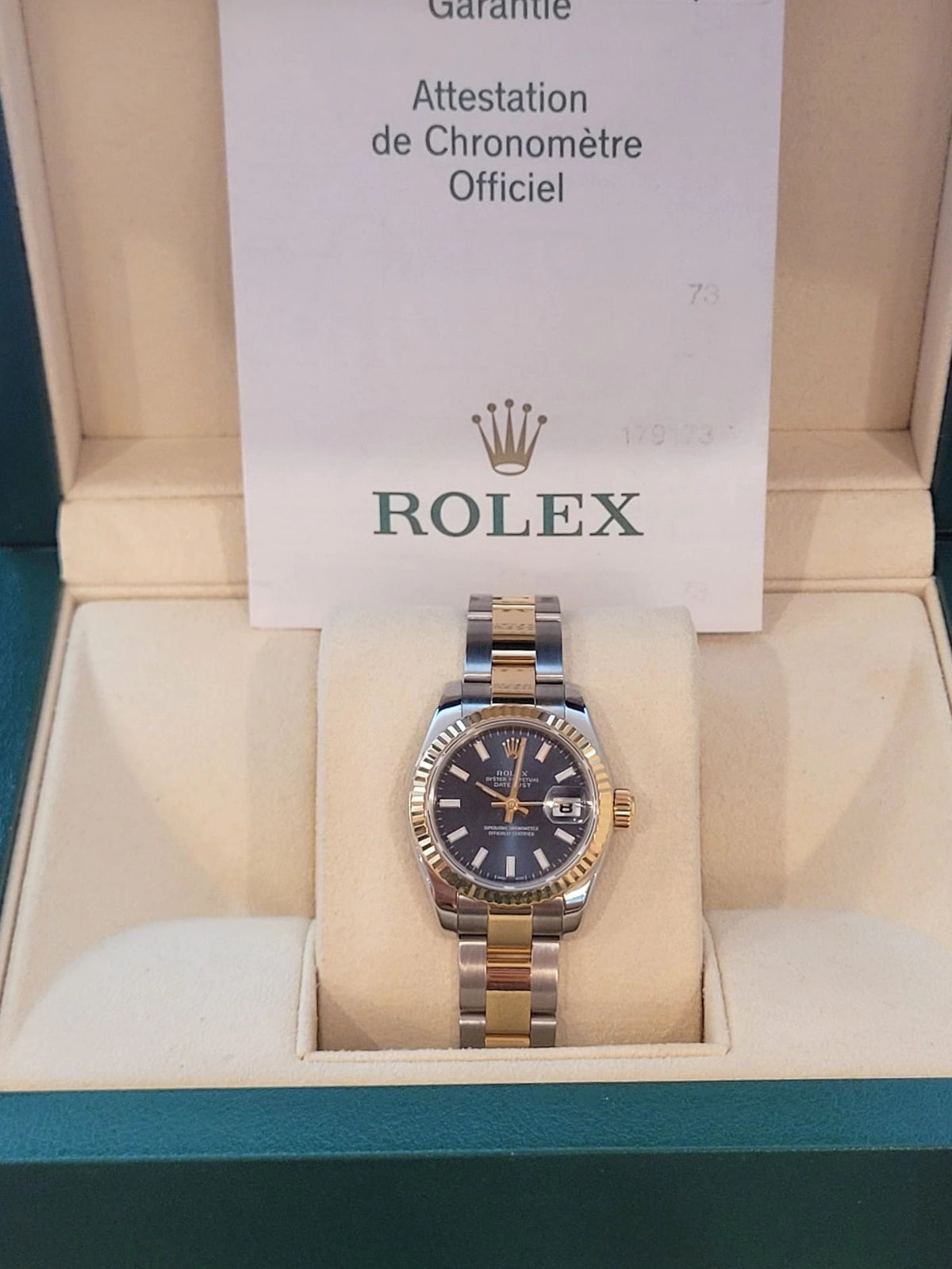 2006 Rolex Ladies Datejust 179173 Blue Stick Dial TT Oyster With Papers 26mm