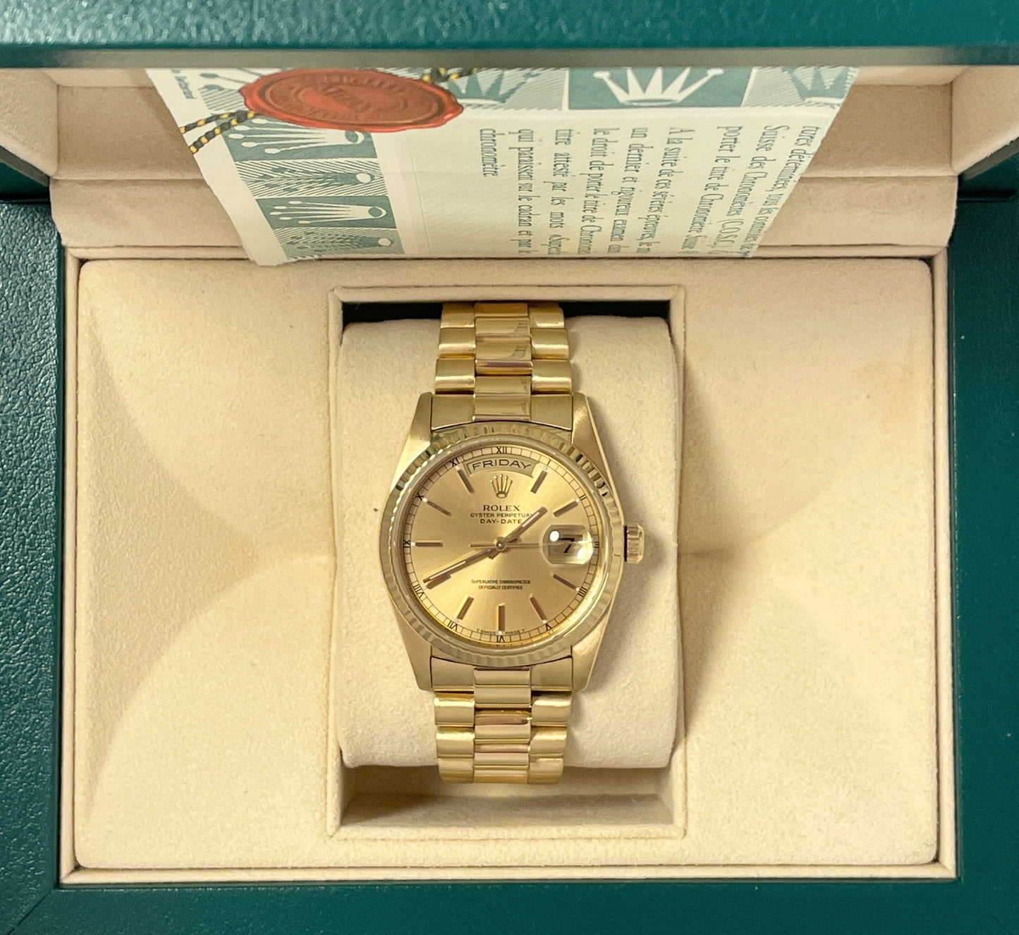 1989 Rolex Day-Date 18238 Champagne Dial 18kt President With Papers 36mm