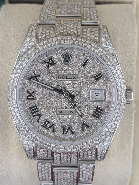 2022 Rolex Datejust 126300 Diamond Black Roman Dial SS Oyster Iced W Papers 41mm