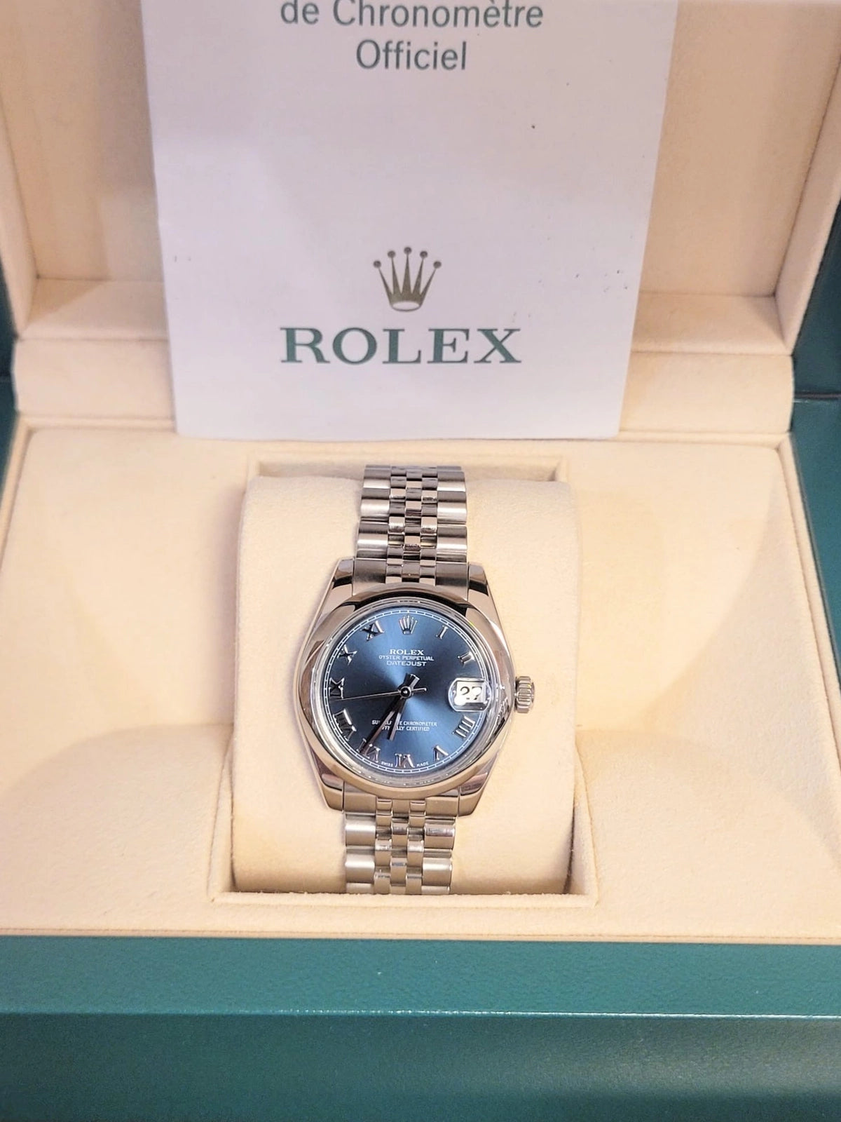 2008 Rolex Datejust 178240 Blue Roman Dial SS Jubilee With Papers 31mm