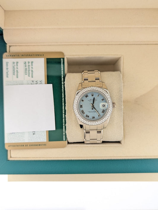 OHA 2009 Rolex Pearlmaster 81339 Blue Roman Two Row Diam Bezel 18kt WG W/ Paper 34mm