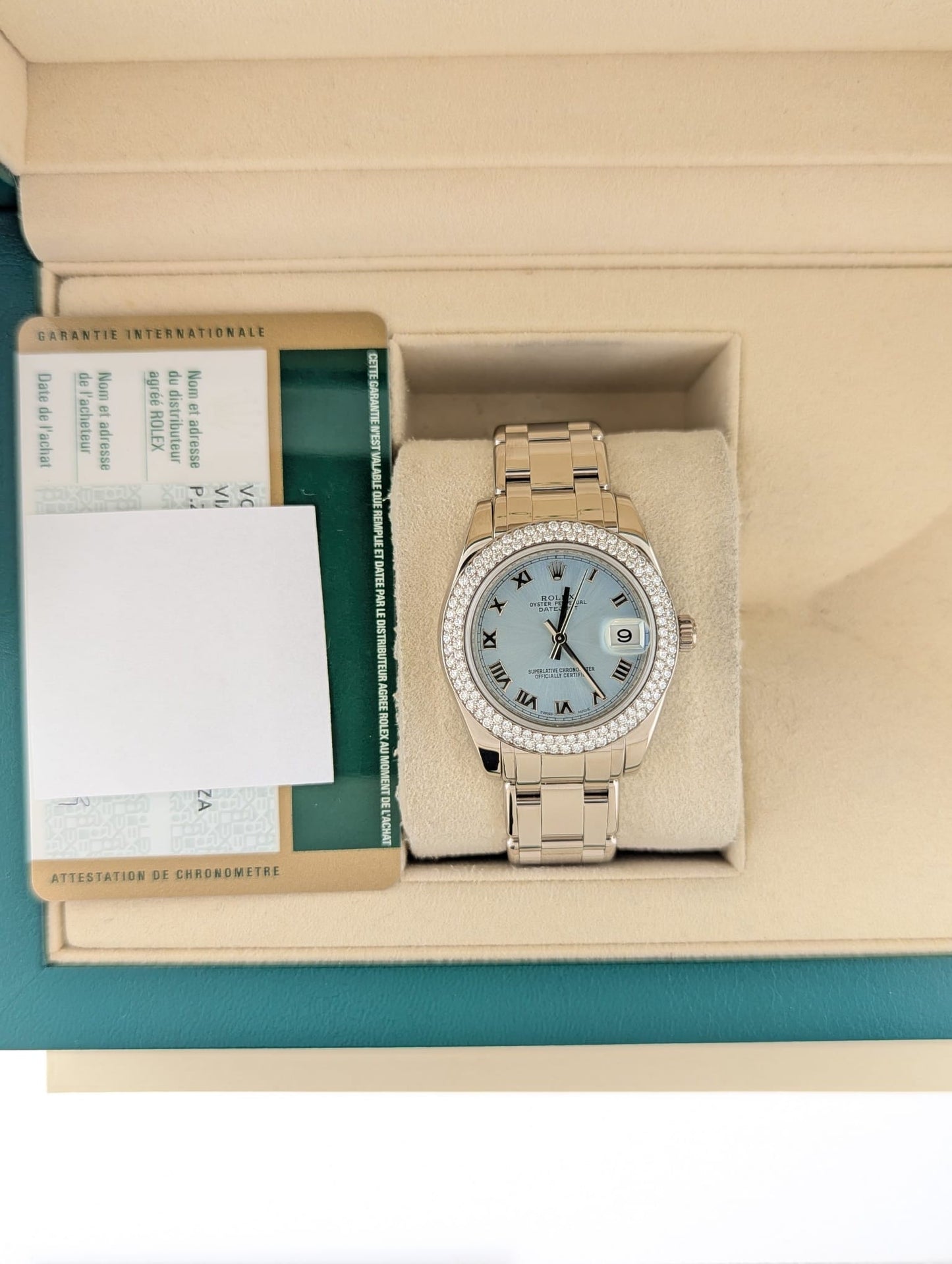 OHA 2009 Rolex Pearlmaster 81339 Blue Roman Two Row Diam Bezel 18kt WG W/ Paper 34mm