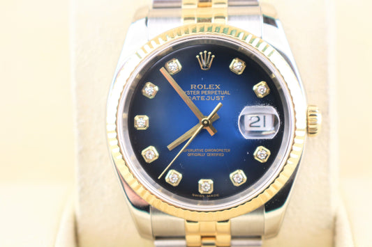 2006 Rolex Datejust 116233 Blue Vignette Diamond Dial TT 18kt Jubilee 36mm