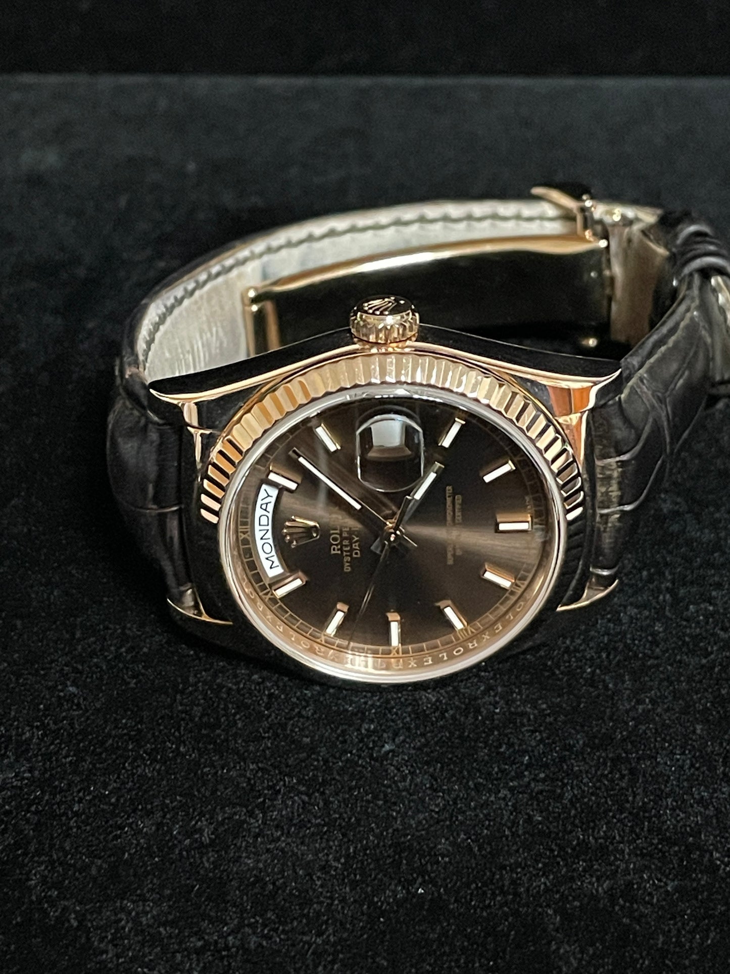 2015 Rolex Day-Date 118135 Chocolate Dial 18kt RG Leather Strap With Papers 36mm