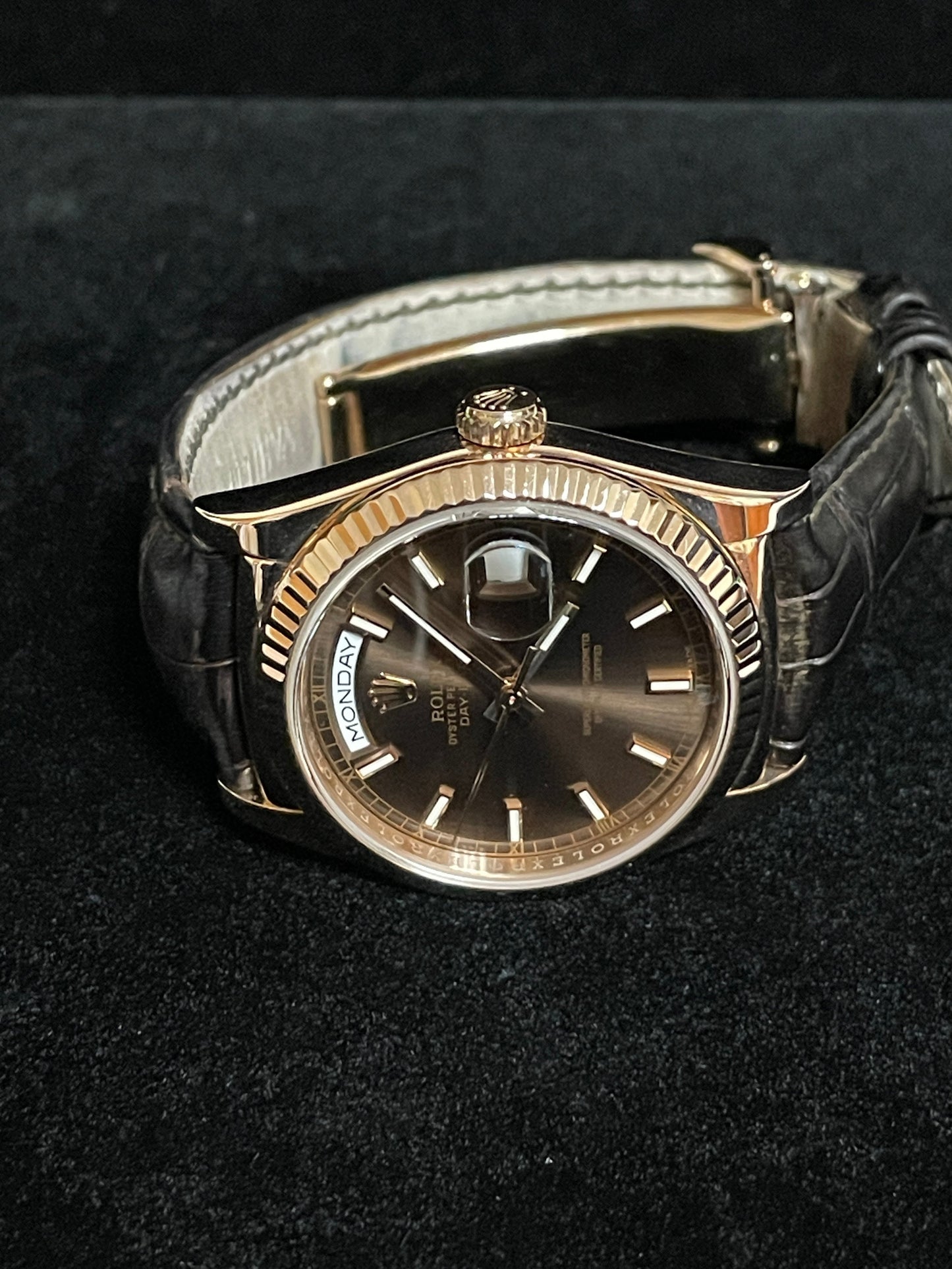 2015 Rolex Day-Date 118135 Chocolate Dial 18kt RG Leather Strap With Papers 36mm
