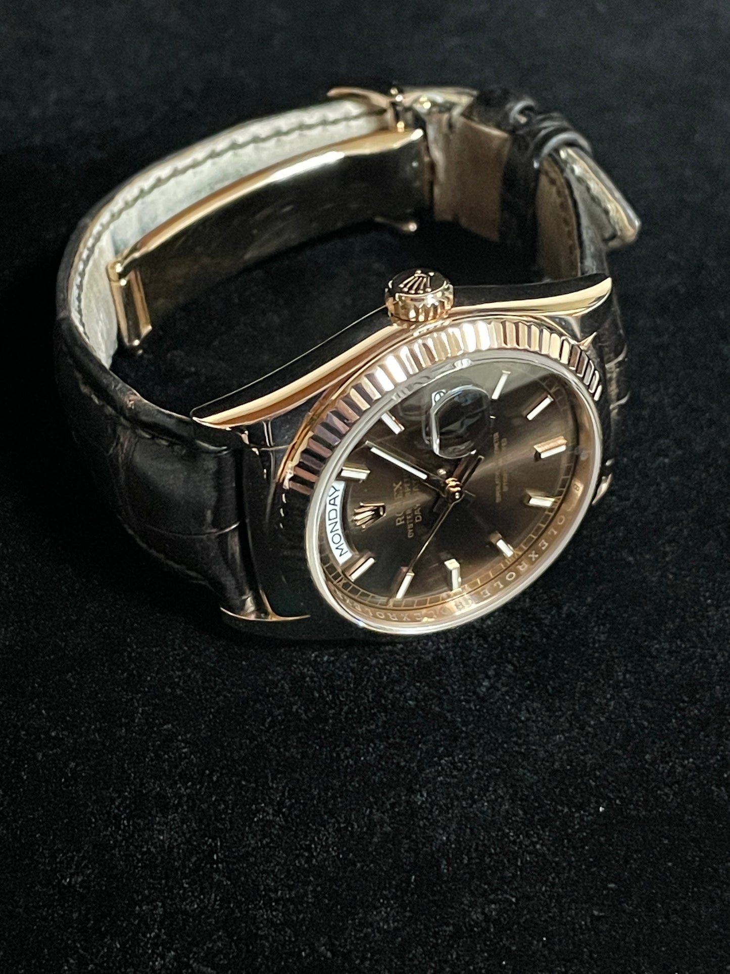2015 Rolex Day-Date 118135 Chocolate Dial 18kt RG Leather Strap With Papers 36mm