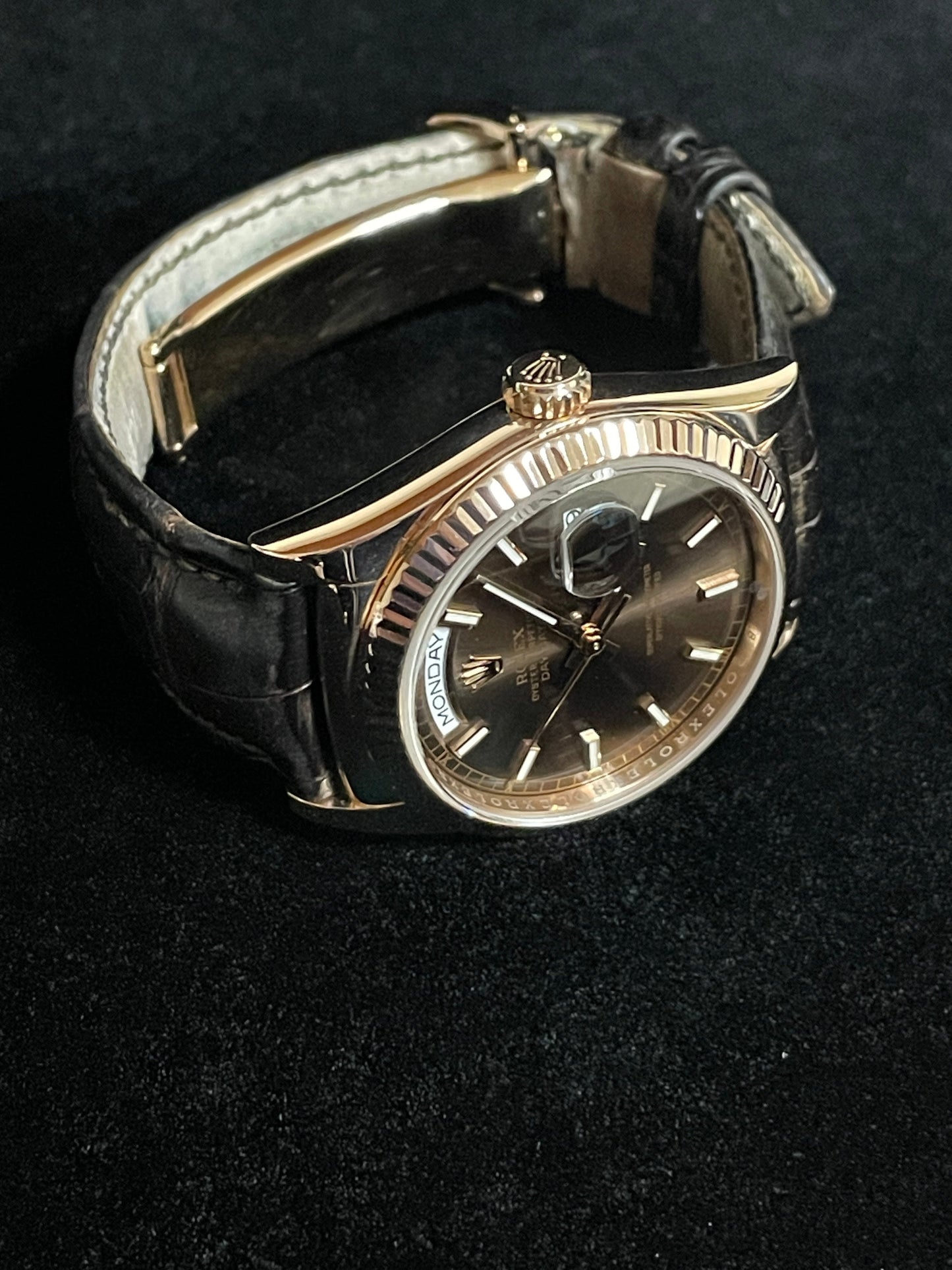 2015 Rolex Day-Date 118135 Chocolate Dial 18kt RG Leather Strap With Papers 36mm
