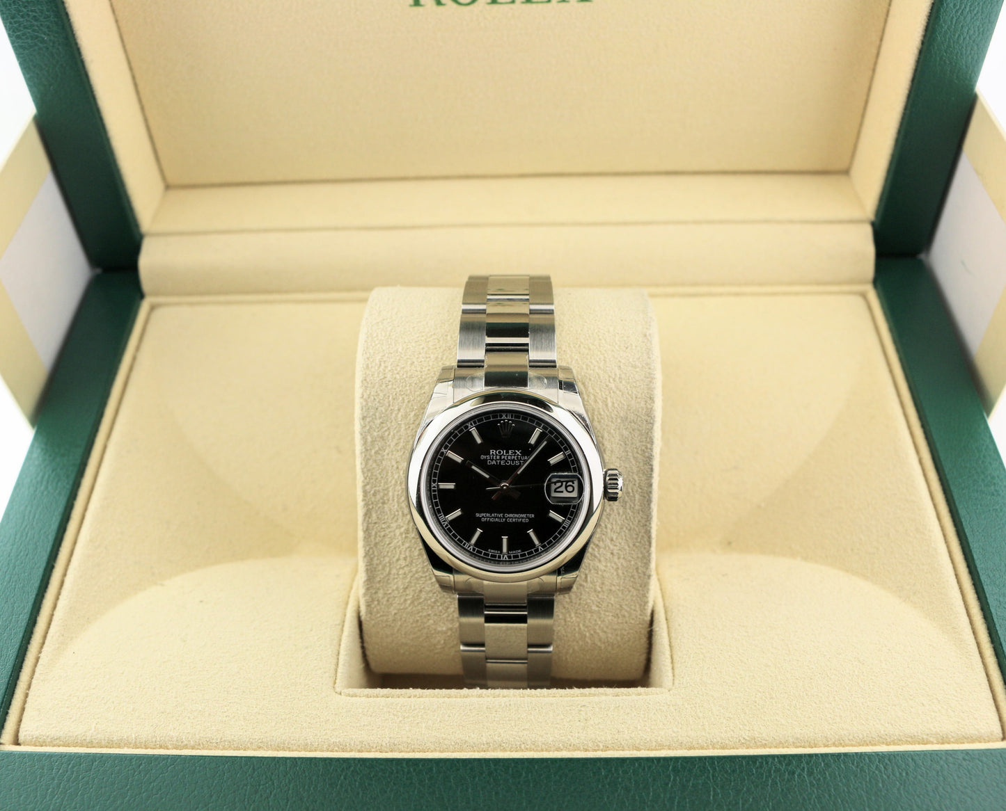 Unworn Rolex Midsize Datejust 178240 Full Stickers Black Dial SS Oyster 31mm