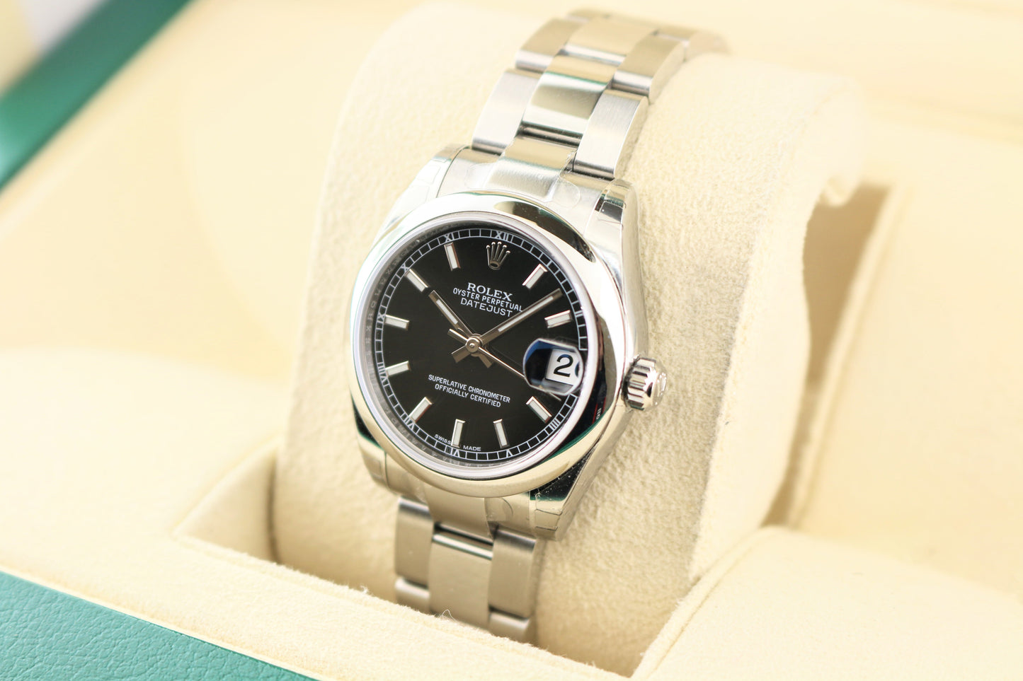 Unworn Rolex Midsize Datejust 178240 Full Stickers Black Dial SS Oyster 31mm