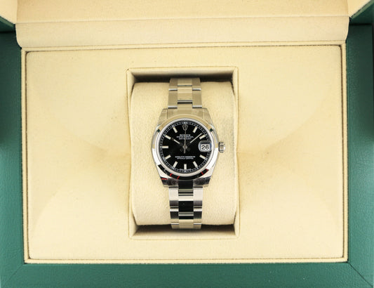 Unworn Rolex Midsize Datejust 178240 Full Stickers Black Dial SS Oyster 31mm