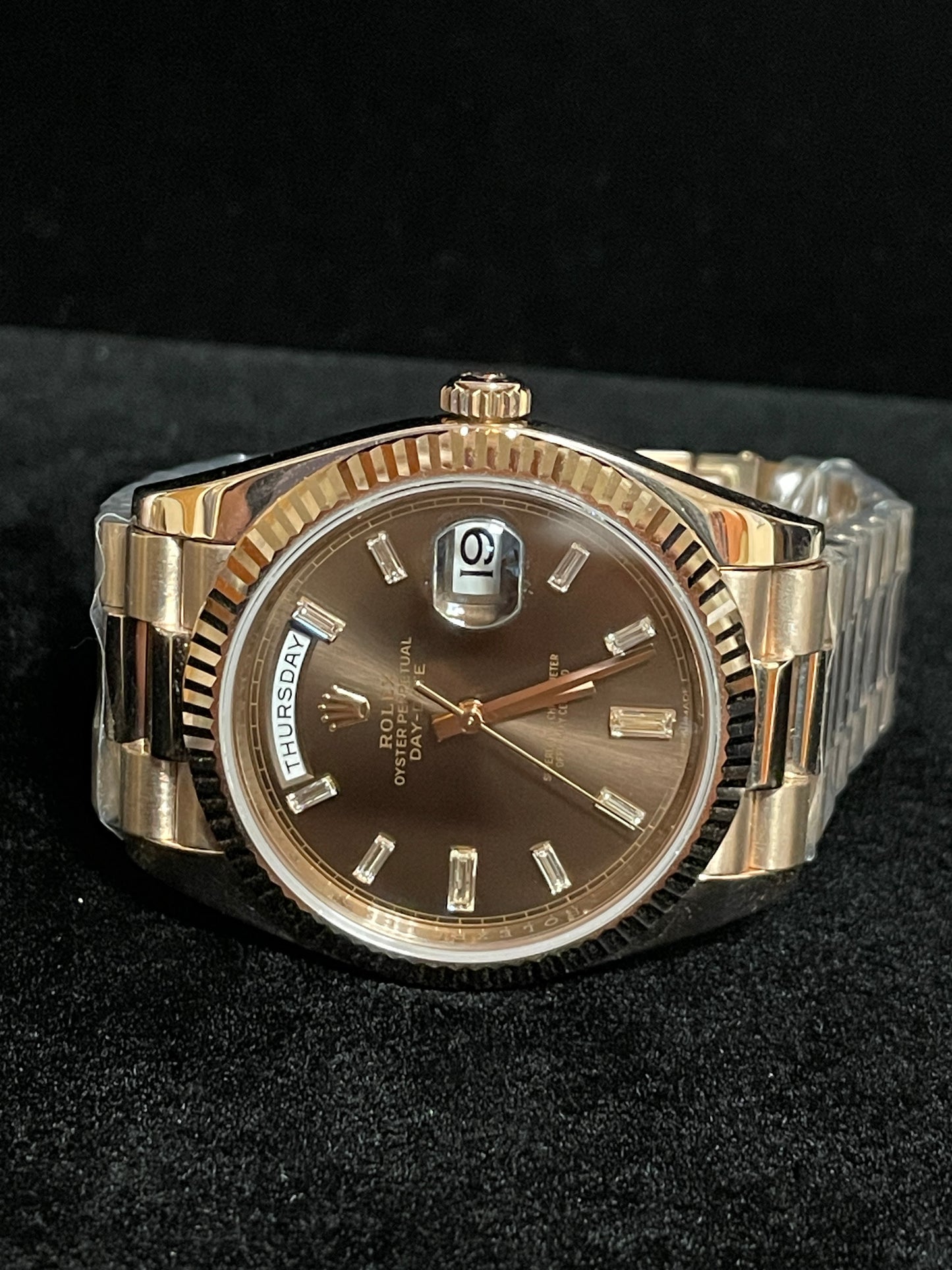 2016 Rolex Day-Date 228235 Chocolate Baguette Dial 18kt President W Papers 40mm