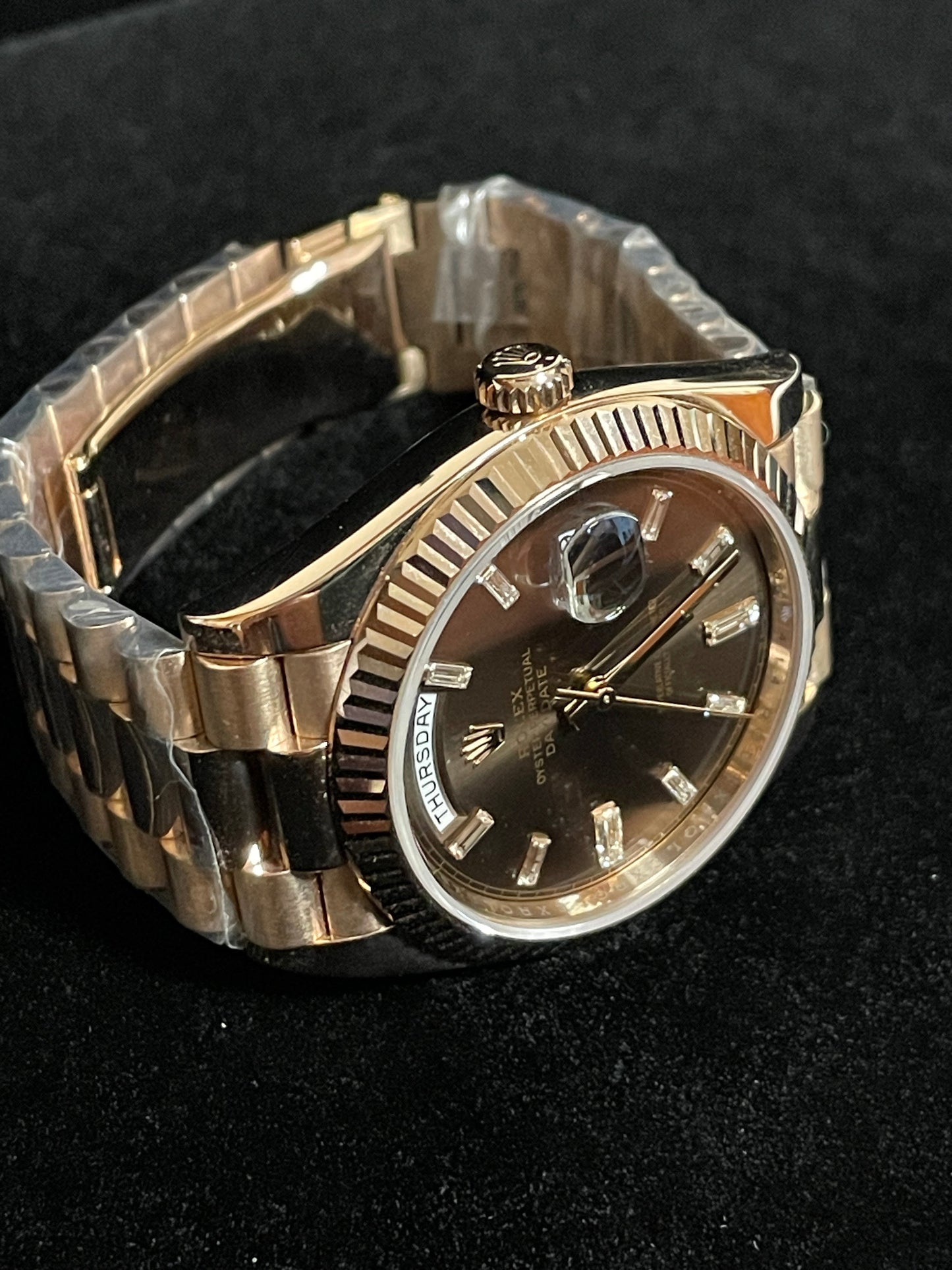 2016 Rolex Day-Date 228235 Chocolate Baguette Dial 18kt President W Papers 40mm