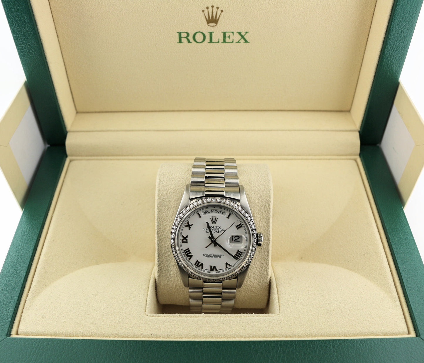 1995 Rolex Day-Date 18206 White Roman Dial Platinum President Diamond Bezel 36mm