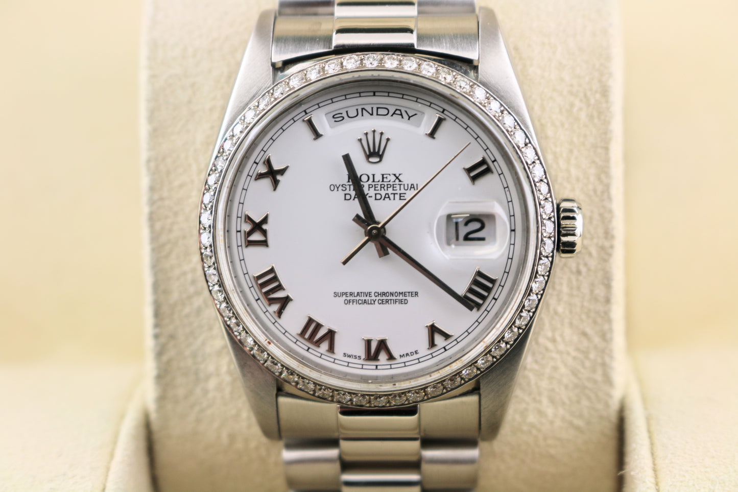 1995 Rolex Day-Date 18206 White Roman Dial Platinum President Diamond Bezel 36mm