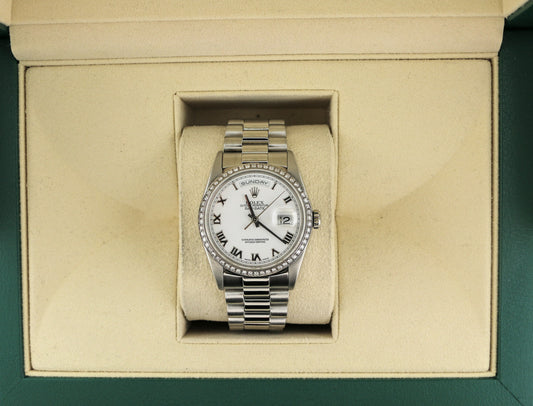 1995 Rolex Day-Date 18206 White Roman Dial Platinum President Diamond Bezel 36mm