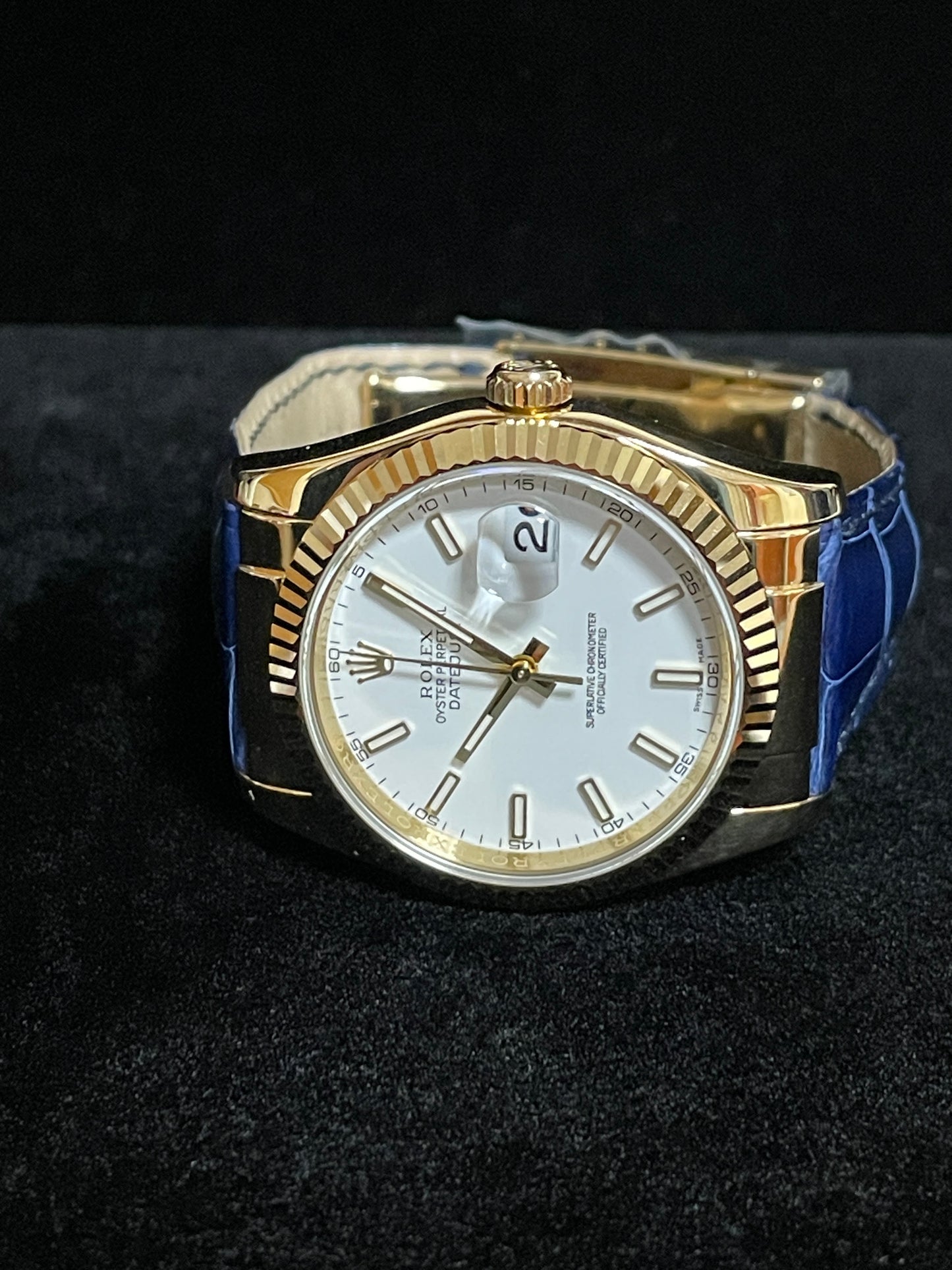 2006 Rolex Datejust 116138 White Dial Blue Leather Strap 18kt YG No Papers 36mm