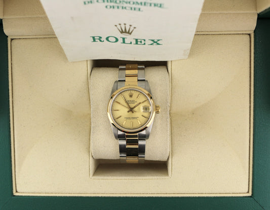 1993 Rolex Ladies Datejust 68243 Champagne Tapestry Dial TT Oyster W Papers 31mm