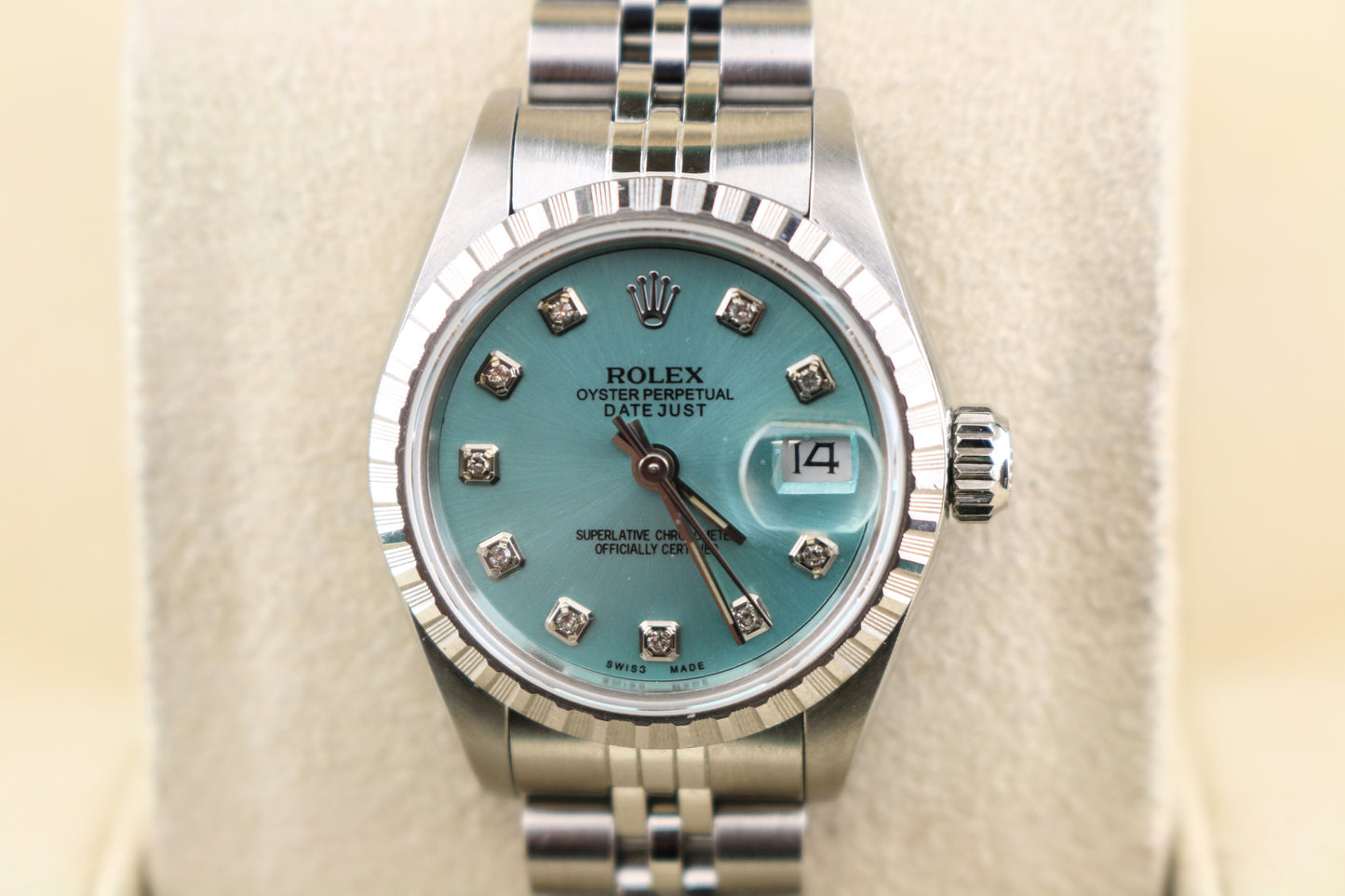 Rolex Ladies Datejust 69240 Blue Diamond Dial SS Jubilee With Papers 26mm