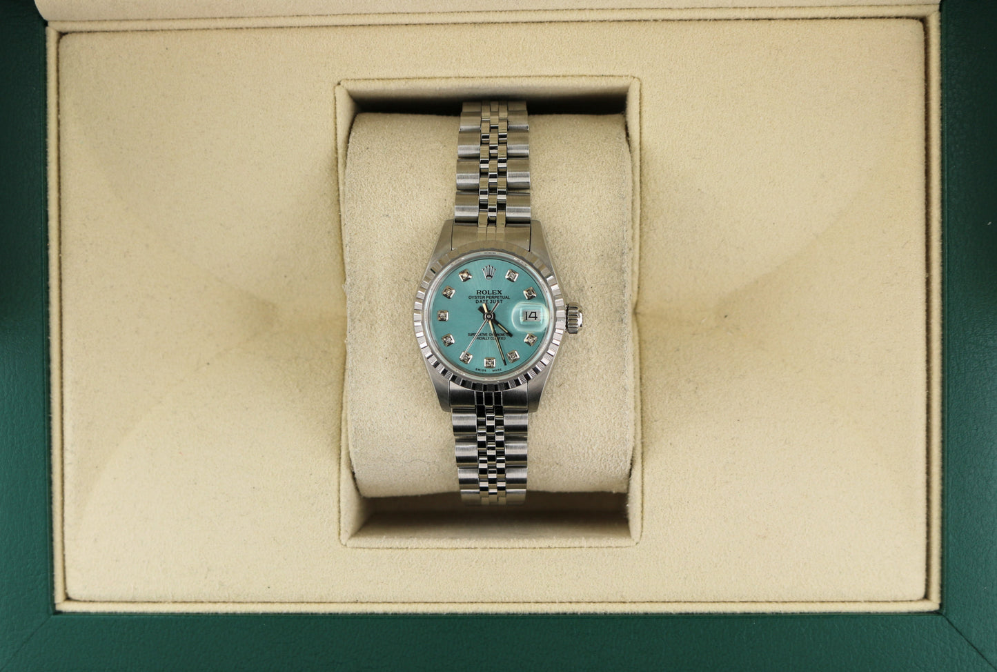 Rolex Ladies Datejust 69240 Blue Diamond Dial SS Jubilee With Papers 26mm