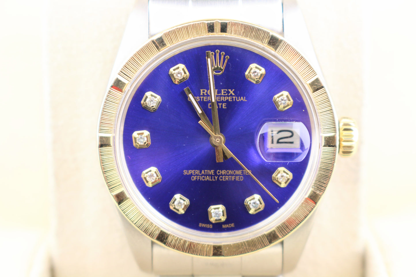 1985 Rolex Date 1500 Blue Diamond Dial Gold Bezel SS Oyster No Papers 34mm