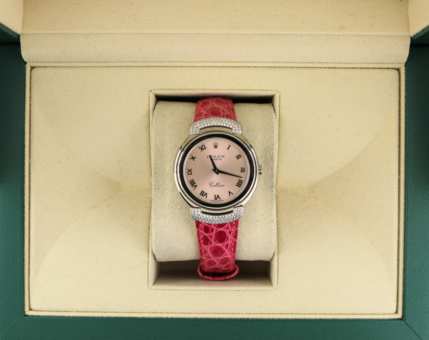Rolex Lady Cellini 6682 Pink Roman Dial Leather strap Diamond lugs 18kt WG 33mm
