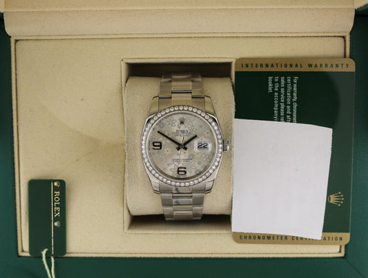 2010 Rolex Datejust 116244 Silver Floral Diamond Bezel SS Oyster W/ Papers 36mm