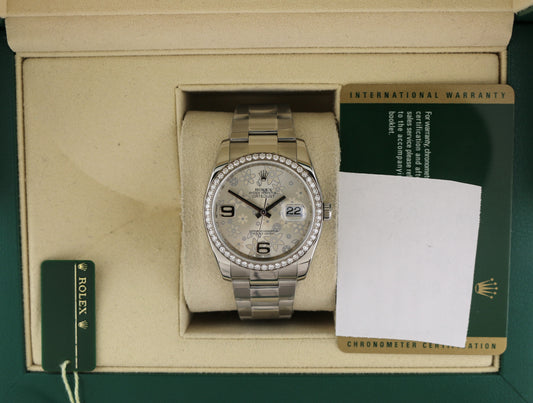 OHA 2010 Rolex Datejust 116244 Silver Floral Diamond Bezel SS Oyster W/ Papers 36mm