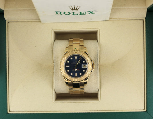 1997 Rolex Yacht-Master 68628 Midsize Blue Dial Solid 18kt Oyster W/ Papers 35mm