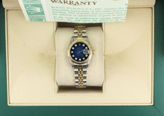Rolex Ladies Datejust 69173 Blue Diamond Vignette Dial TT Jubilee W/ Papers 26mm
