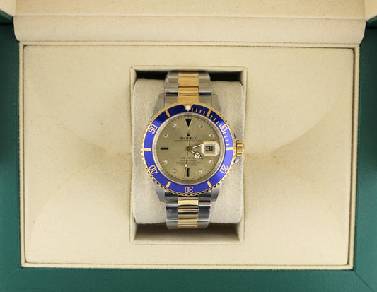 1991 Rolex Submariner 16613 Serti Diamond Dial TT 18kt Oyster No Papers 40mm