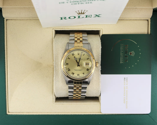 1988 Rolex Datejust 16013 Champagne Roman Dial TT Jubilee With Papers + RSC 36mm