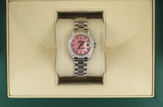 Rolex Ladies Datejust 179179 President Pink MOP Diamond Dial Bezel 18kt WG 26mm