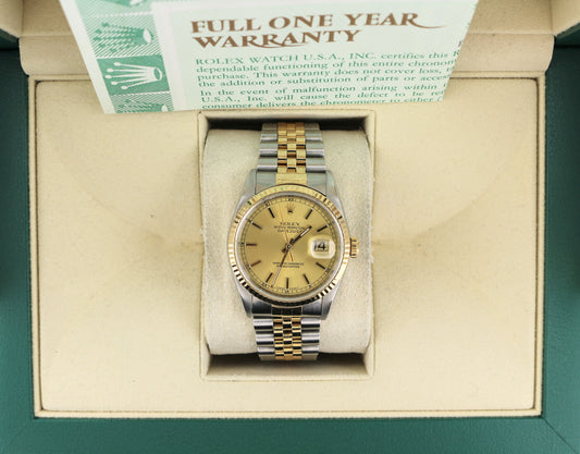 1999 Rolex Datejust 16233 Champagne Dial TT 18kt Jubilee With Papers 36mm