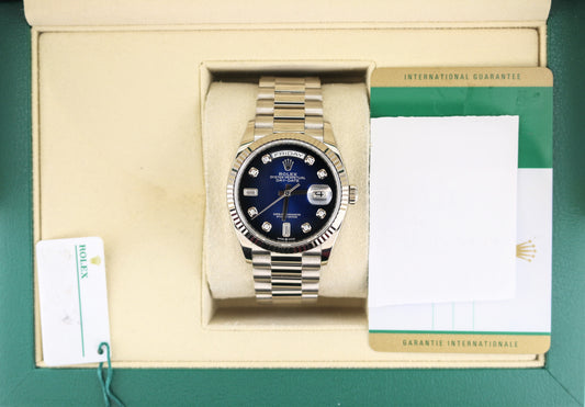 2020 Rolex Day-Date 128239 Blue Ombre Diamond Dial 18kt Pres WG W/ Papers 36mm