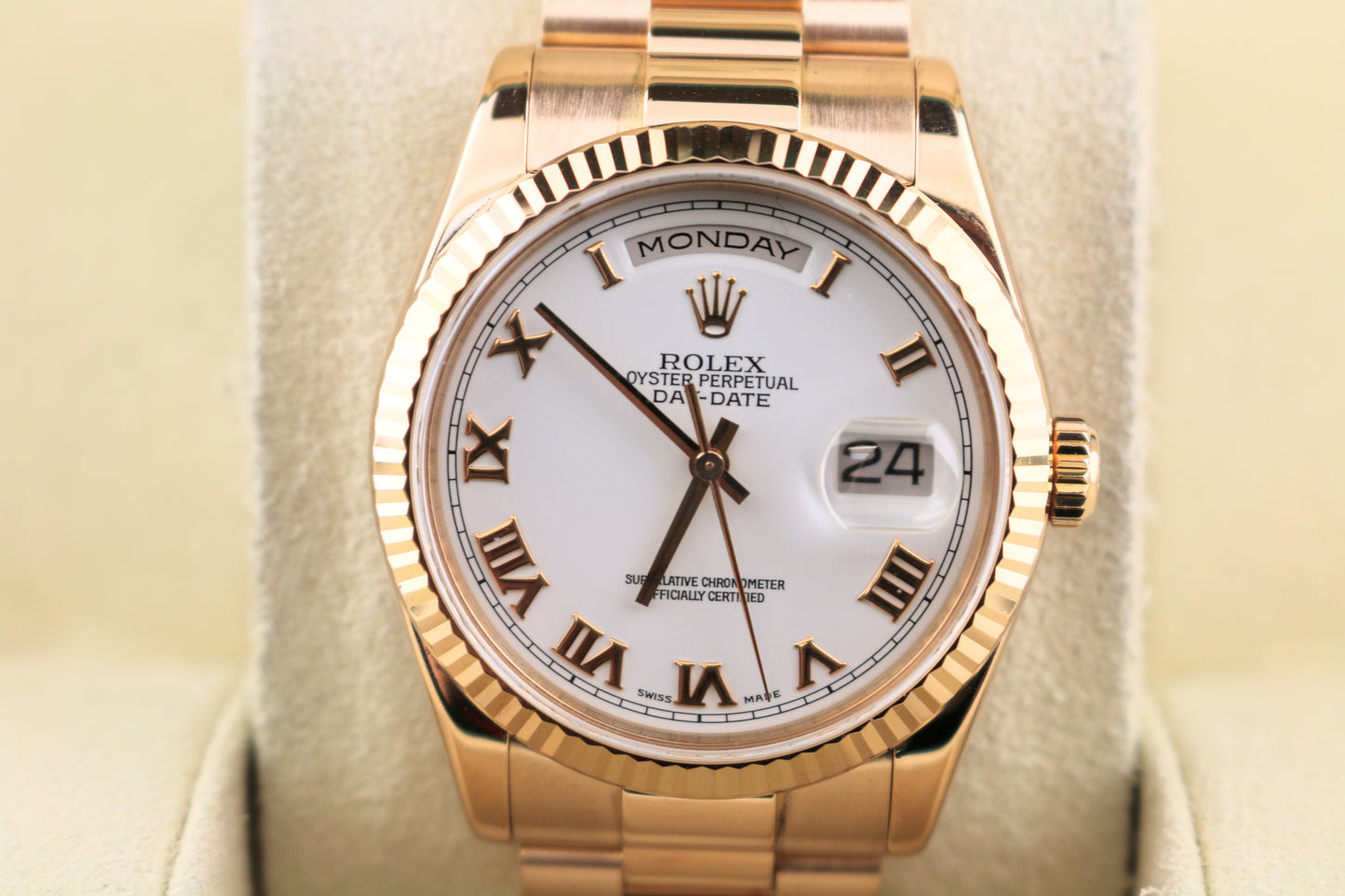 2002 Rolex Day-Date 118235 White Roman Dial 18kt President Rose W/Papers 36mm