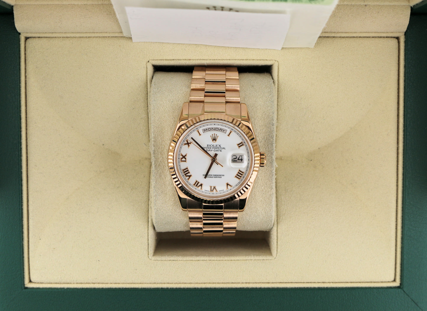 2002 Rolex Day-Date 118235 White Roman Dial 18kt President Rose W/Papers 36mm