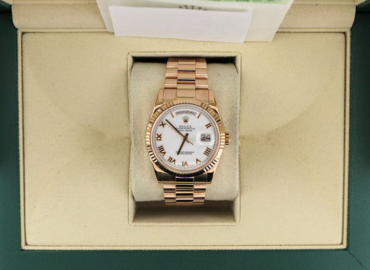 OHA 2002 Rolex Day-Date 118235 White Roman Dial 18kt President Rose W/Papers 36mm