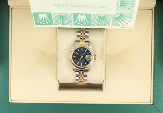 Rolex Ladies Datejust 69173 Blue Dial TT 18kt Jubilee With Papers 26mm